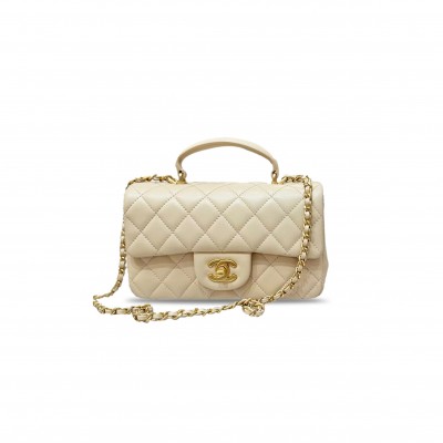 CHANEL MINI RECTANGULAR FLAP WITH TOP HANDLE LAMBSKIN LIGHT GOLD HARDWARE  (20*13*6cm)